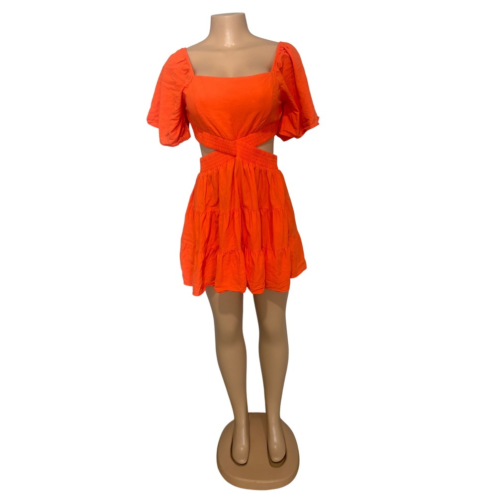 Shy Velvet Orange Cutout Puff Sleeve Tiered Mini Dress Small